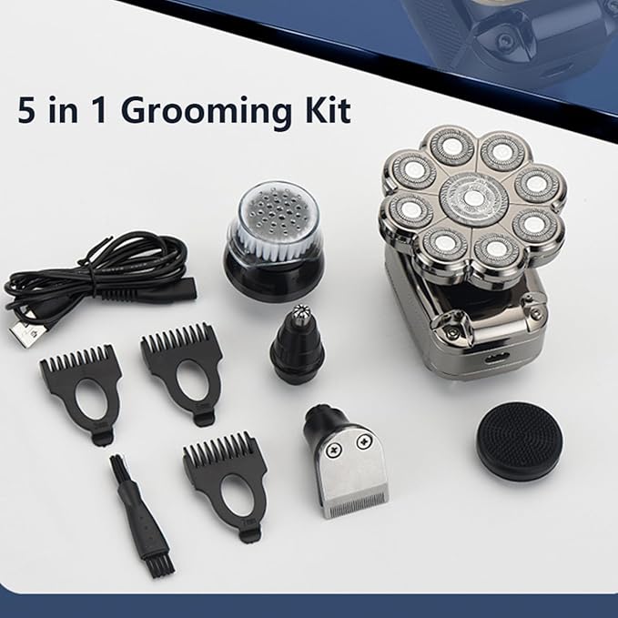 9D Electric Head Shaver 5 in 1 Men Grooming Kit IPX 7 Waterproof Cordless Rechargeable Electric Razor for Bald Men