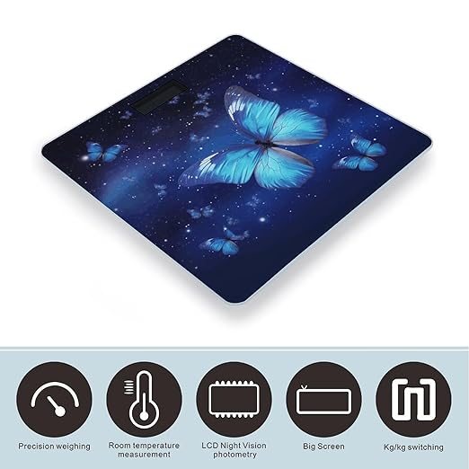 Blue Starry Butterfly Scale for Body Weight Safe Rounded Corners Tempered Glass Digital Bathroom Scale LED Display 400lb Capacity Weight Scales with High Precision Sensors