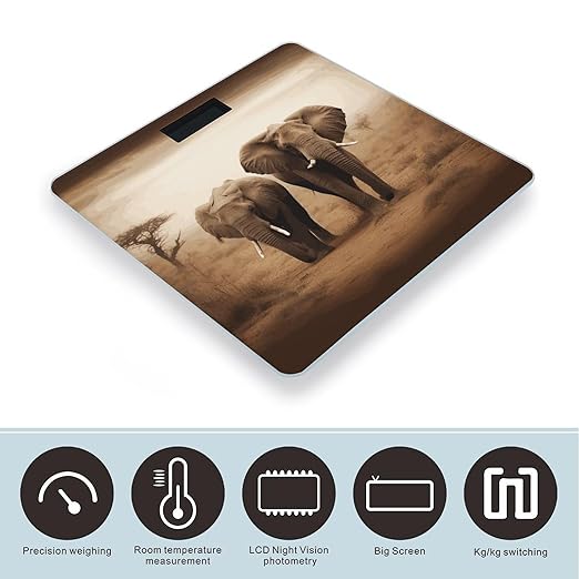 Wild Animals Elephants Digital Bathroom Scale Fashion Unique Weight Scale BMI Anti-Slip Precision Weighing Scales Suitable for Home Bedrooms Use and Gift