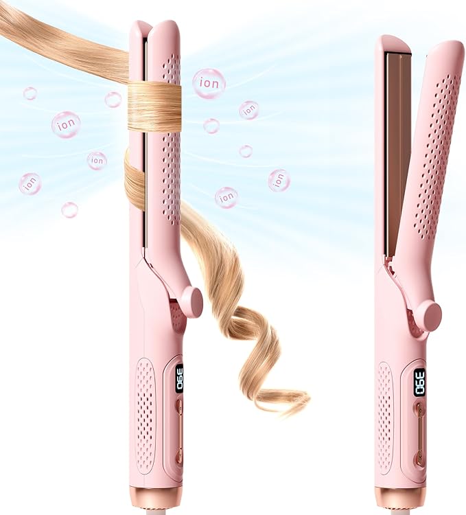 Hahahope Hair Straightener Curler 2-in-1: 1.25 Flat Iron for Women - Curling Wand 360° Airflow Cooling Vents Titanium Ionic for Less Frizz - 5 Temps &amp Auto Off Dual Voltage (Pink)