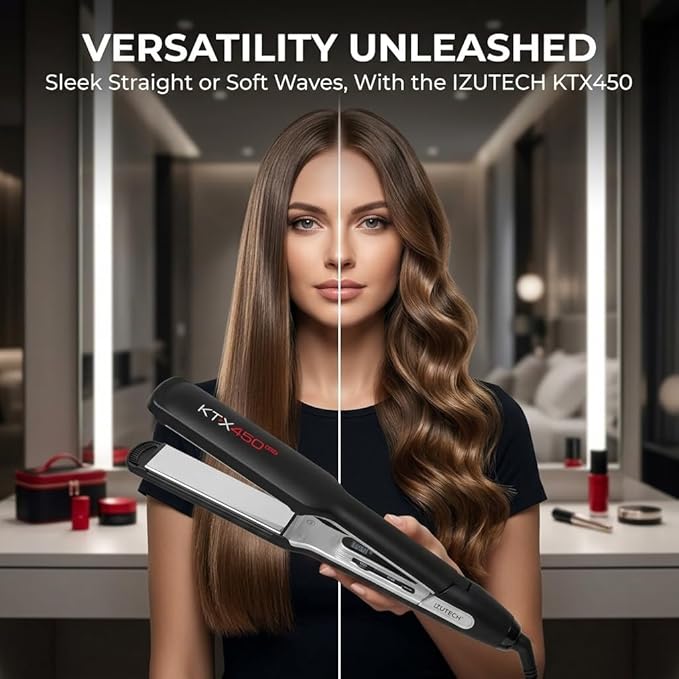 IZUTECH KTX450 Titanium 1.75 Inch Flat Iron Wide Plate Hair Straightener and Curler for Long Thick Hair Fast Heating Dual Voltage Adjustable Temperature up to 450°F Auto Shut Off