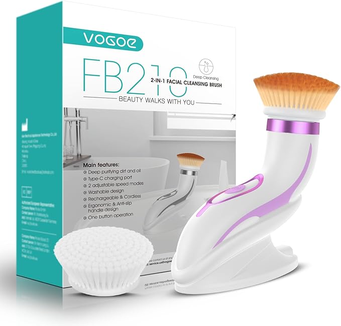 Facial Cleansing Brush-Spin Face Scrubber Exfoliator Rechargeable 2-Speed Rotation Electric Face Wash Brushes for Cleansing and Exfoliating with 2 Brush Heads Purple