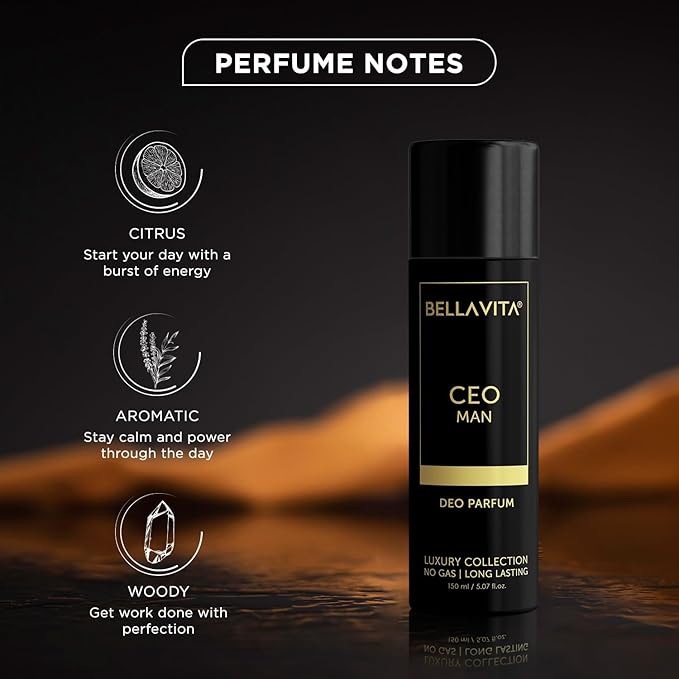 Bella Vita Luxury Ceo Man Body Parfum No Gas Spray Deodorant | Office Wear Body Parfum Deo For Men With Long Lasting Notes Of TonkaAgarwood | Premium &amp Luxury Fragrance For Men |1 Count