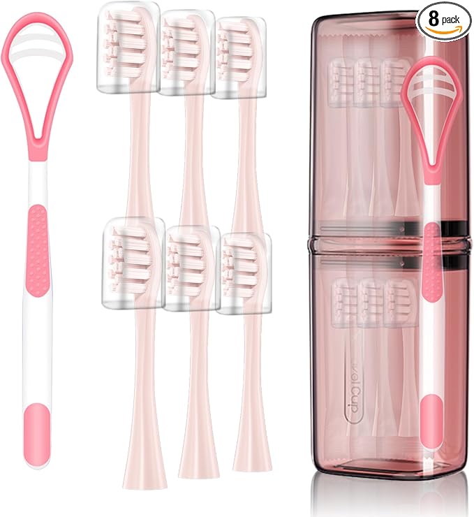6 Pack Electric Toothbrush Replacement Heads Suitable for Oclean X Pro Elite/X/X Pro/Flow/F1/Air 2-Vacuum-Sealed with Hygienic CapsBonus Tongue Scraper &amp Travel Cup Included-Pink