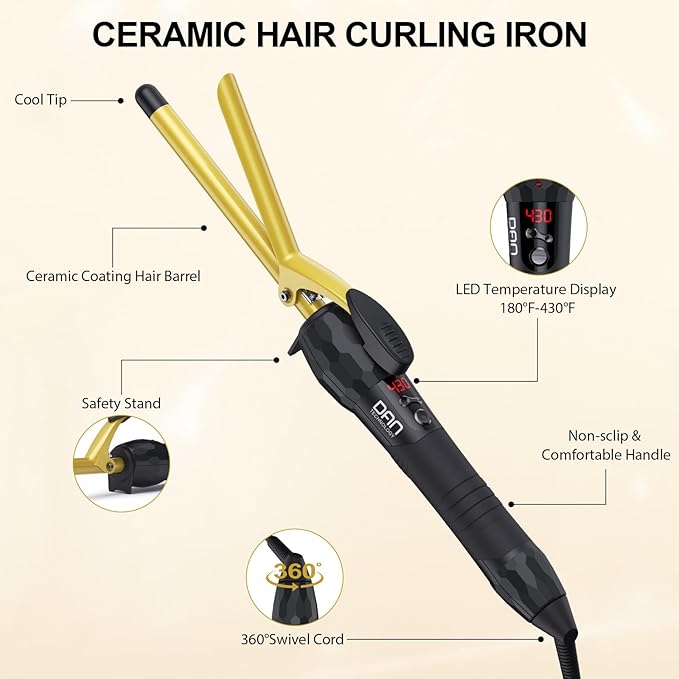 DAN Technology 3/8 Inch Tiny Curling Wand for Tight Spiral Curls Tourmaline Ceramic Small Barrel Hair Curler with LCD Display (180°F–430°F) Fast Heating Dual Voltage Auto Shut-Off Black &amp Gol
