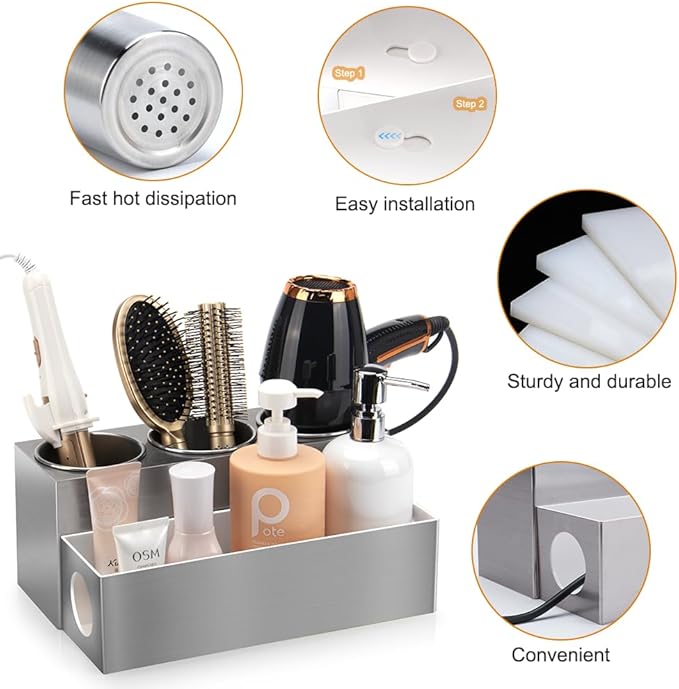 Hair Tool Organizer - Bathroom Vanity Organizers and Storage Hair Styling Accessories Hot Tools Organizer Hair Dryer Blow Dryer Curling Iron Flat Iron Hair Straightener Silver