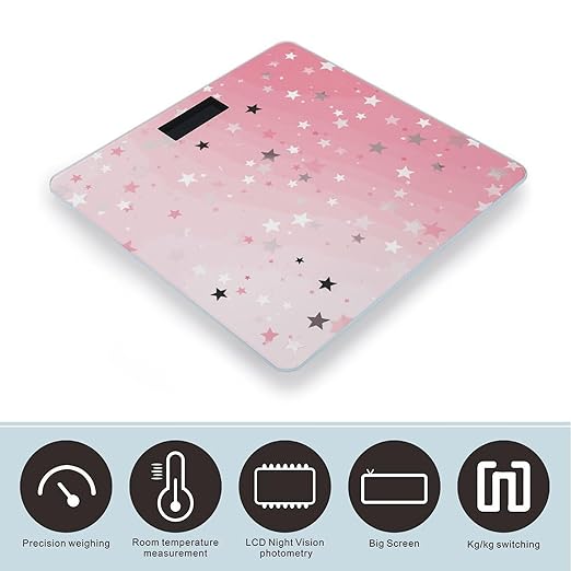 Pink White Stars Scale for Body Weight Anti-Slip Digital Bathroom Scale Sturdy Toughened Glass Weighing Scales High Precision Safe Rounded Corners Smart Scales