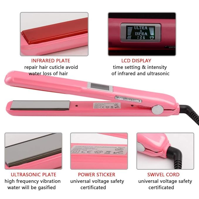 Professional Recovers Damaged Hair Tool with Ultrasonic Infrared Hair Care Iron Cold Flat Iron Hair Treament Styler LCD Display Infrared Hair Straightener Ceramic Flat Iron (Pink)