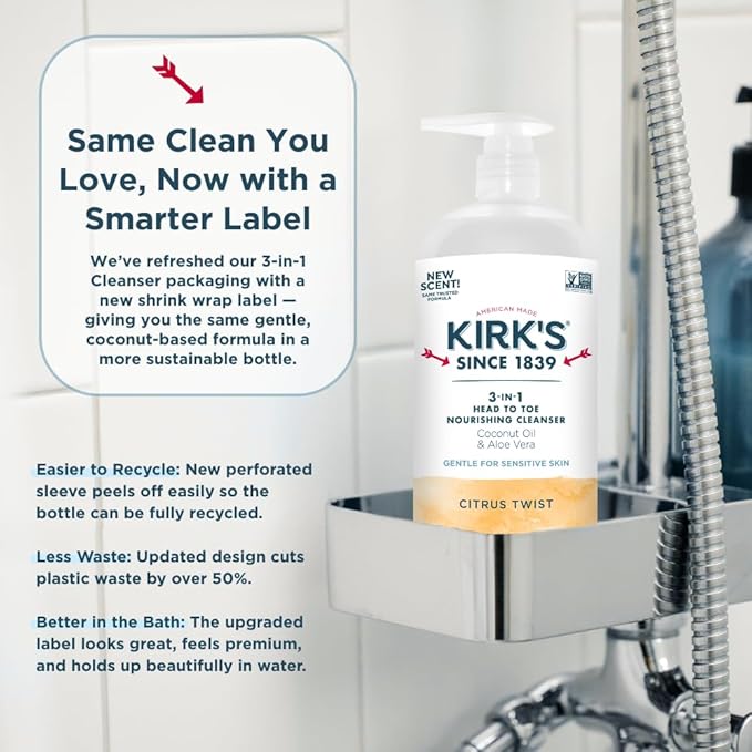 Kirk's 3-in-1 Head to Toe Nourishing Liquid Cleanser- for Men Women &amp Children - Premium Coconut Oil &amp Aloe Vera- Non GMO &amp Vegan - Citrus Twist - 32 Fl Oz. - 2 Pack
