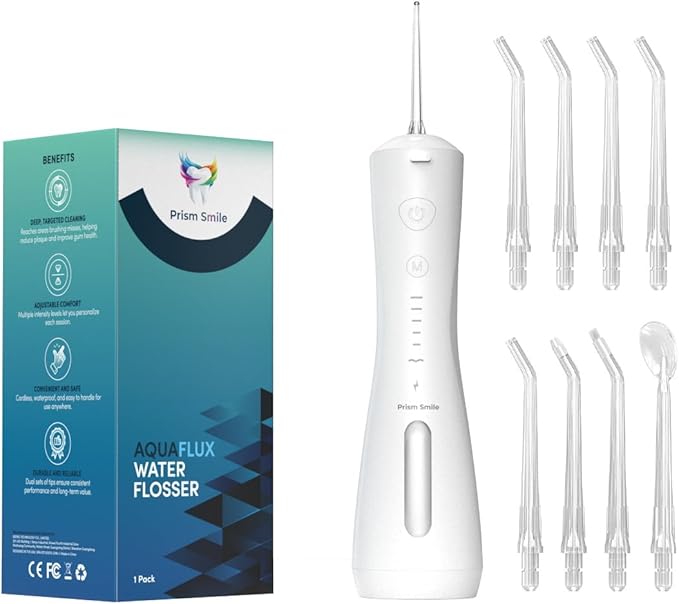 AquaFlux Water Flosser Cordless Dental Irrigator with 6 Modes 240ml Tank IPX7 Waterproof 30-Day Battery Life 8 Tips Included