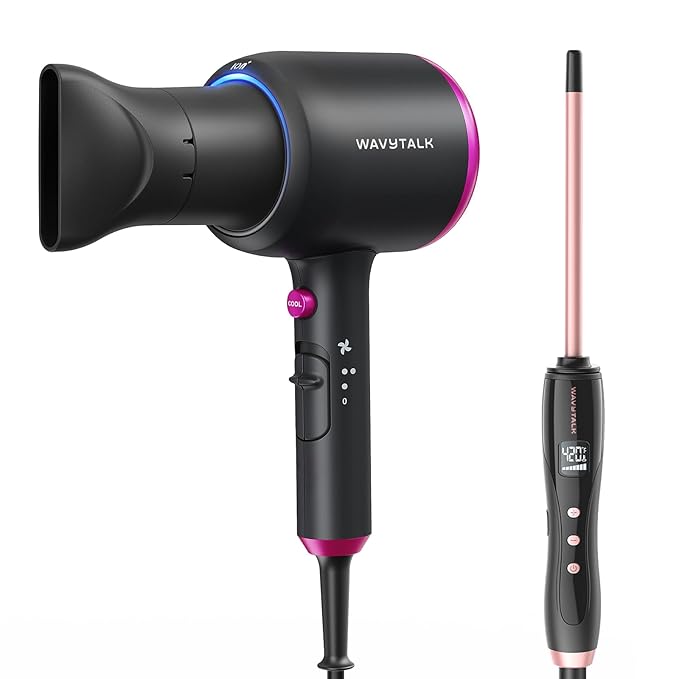 Wavytalk Hair Dryer with Diffuser 1875W Ionic Blow Dryer for Women - 3 Attachments Small Curling Wand for Short &amp Long Hair