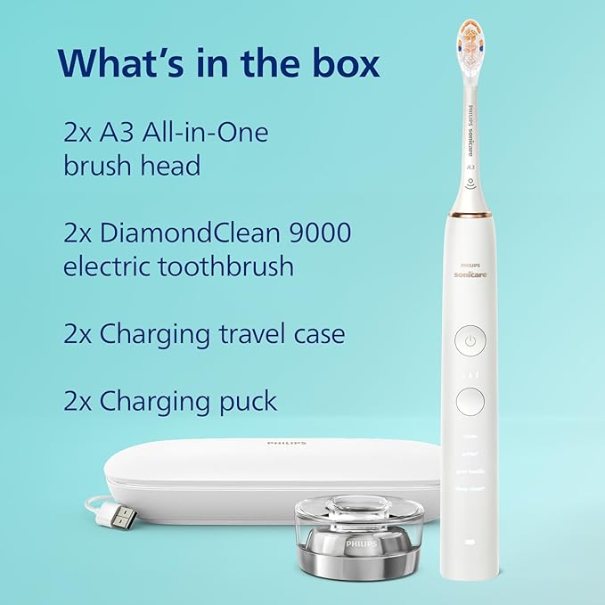 Philips Sonicare DiamondClean Connected Electric Toothbrush 2 Pack x2 Sonic Toothbrushes x2 Charging Travel Cases x2 A3 Brush Heads 12 Brushing Settings (Black and Rose Gold) Model HX9912/71