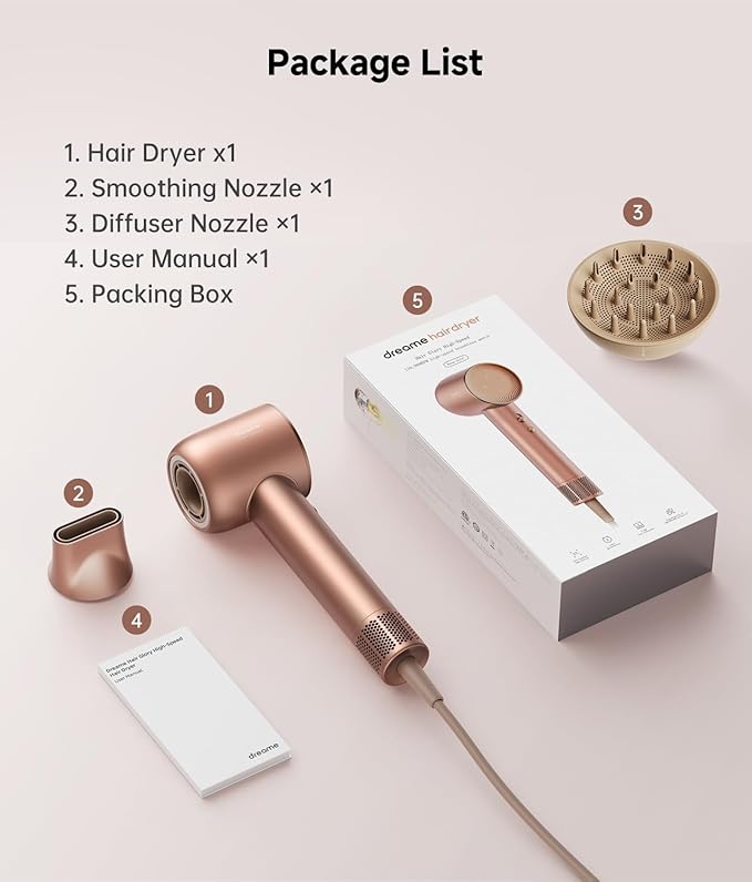 DREAME Hair Glory Combo High-Speed Hair Dryer 110000 RPM Motor 300 Million Negative Ions Fast-Dry in 2 Minutes Lightweight &amp Quiet Smart Temp Control Ideal for Smooth Shiny Hair