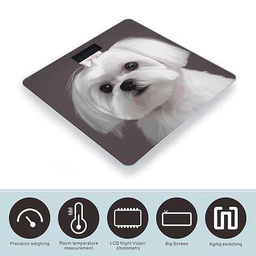 Lovely Maltese Dog Weight Scale Digital Electronic Scales Bathroom Scale Larg LCD Backlight Display High Precision MeasurementsTempered Glass