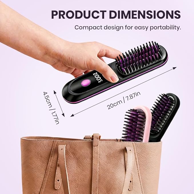 2026 Cordless Hair Straightener Brush200 Million Negative Ionic Portable Hair Straightener Comb for Womenwith LED Display20S Fast HeatingHair Brushs for Travel (Black)