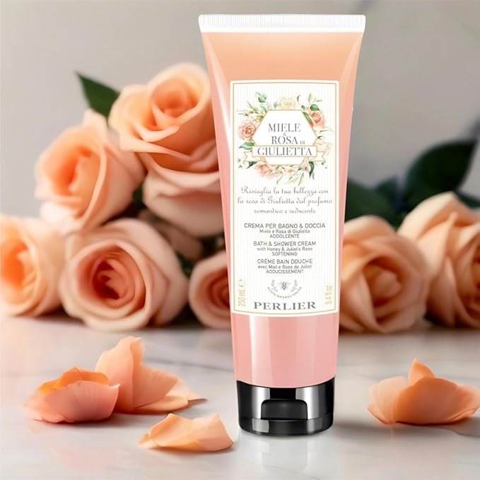 Perlier Miele &amp Rosa di Giulietta Bath and Shower Cream 8.4 fl oz Peach/black