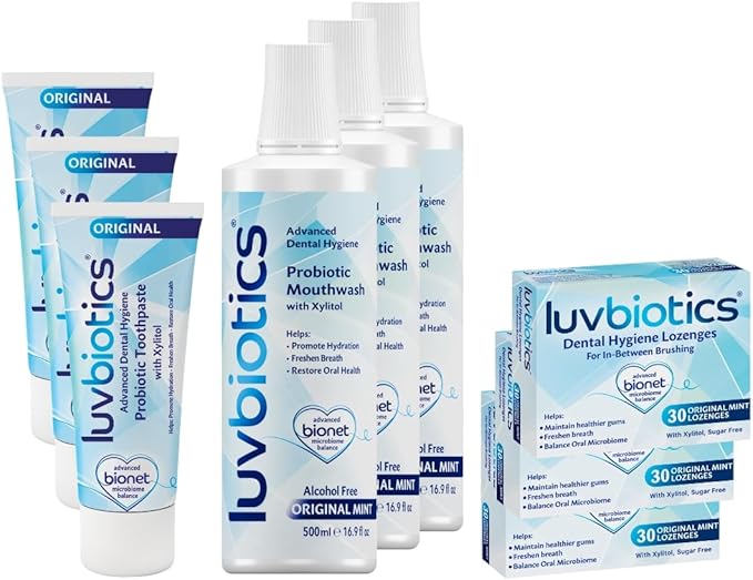 Luvbiotics Family Value Pack - 3 Packs Each of Mint Lozenges + Fluoride Mouthwash + Original Toothpaste to Balance Oral microbiome with Probiotics and Xylitol.