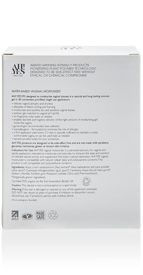 AH! YES® VM Water Based Vaginal Moisturizer | Long Lasting &amp Fast Acting for Vaginal Dryness &amp Irritation | pH Matched | Estrogen Free | Certified Organic &amp Natural (30 x 0.17 fl oz Applic