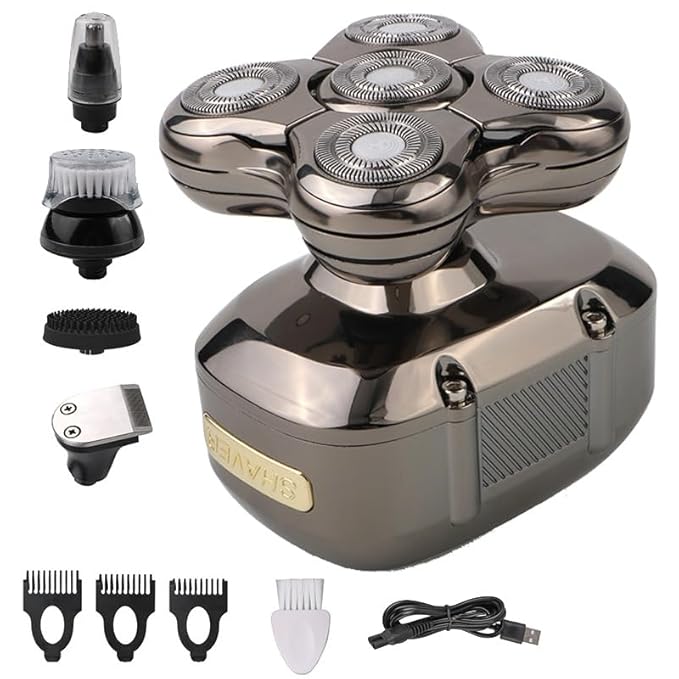 Head Shavers for Bald Men 5 in 1 Men Shaver Hair Clipper Wet &amp Dry Nose Hair Trimmer Face Washer Chargeable 5 Cutter Head for Shaving Haircut Shaved Blad