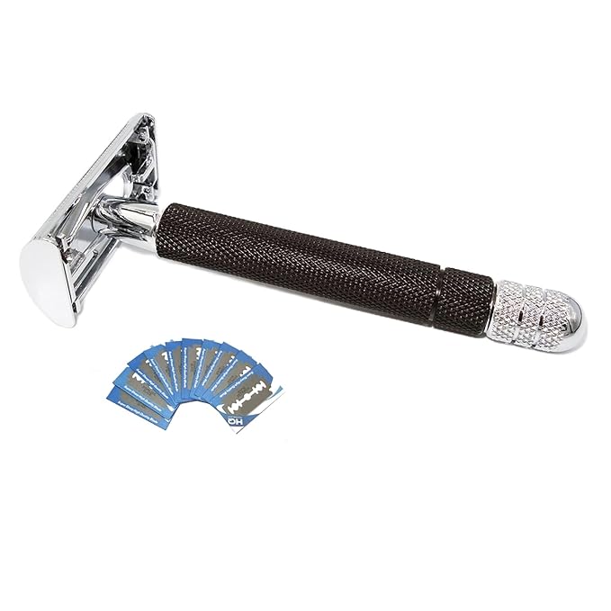 Classic Butterfly Twist-to Open Double Edge Safety Razor Wet Face Hair Shaver Machine with 10 Platinum Super Blades Refills for Smooth and Close Shaves
