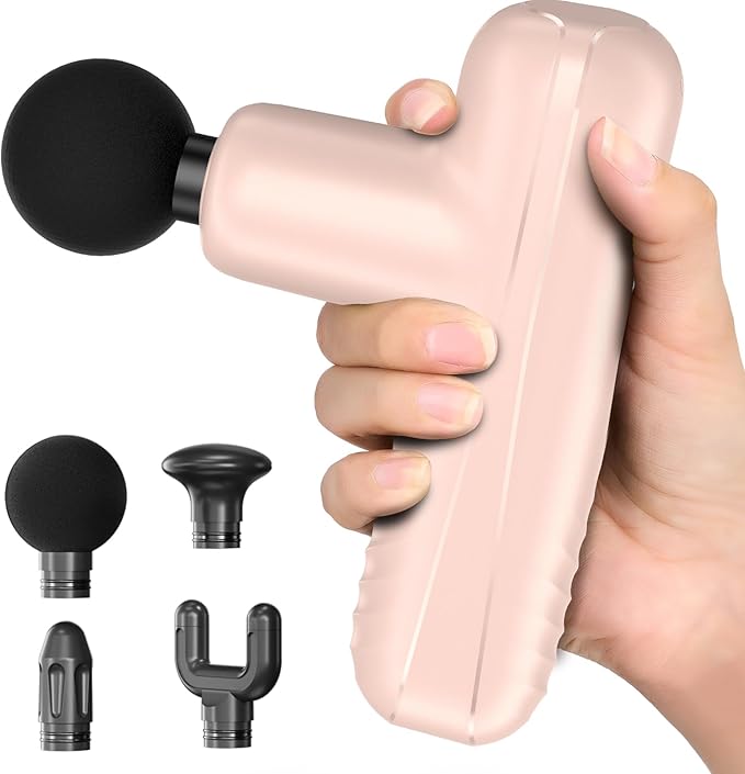 Mini Massage Gun Powerful Handheld Muscle Massager for Muscle Relaxation Deep Tissue Percussion Small Massage Gun Travel Massager with 4 Massage Heads Silent Brushless Motor Pink
