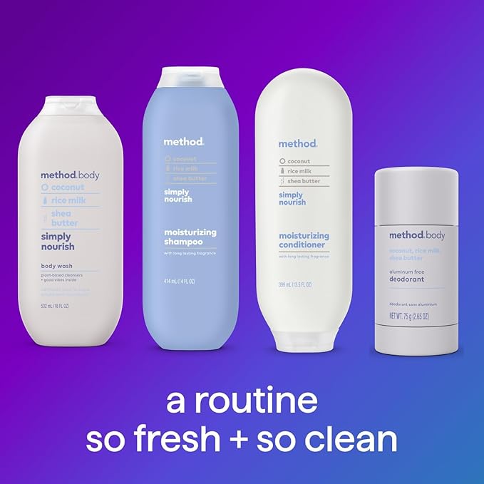 Bundle of Method Simply Nourish Body Wash 18 oz (Pack of 1) + Method Coco Twist Body Lotion 14 oz (Pack of 1) + Method Simply Nourish Moisturizing Shampoo 14 oz (Pack of 1)