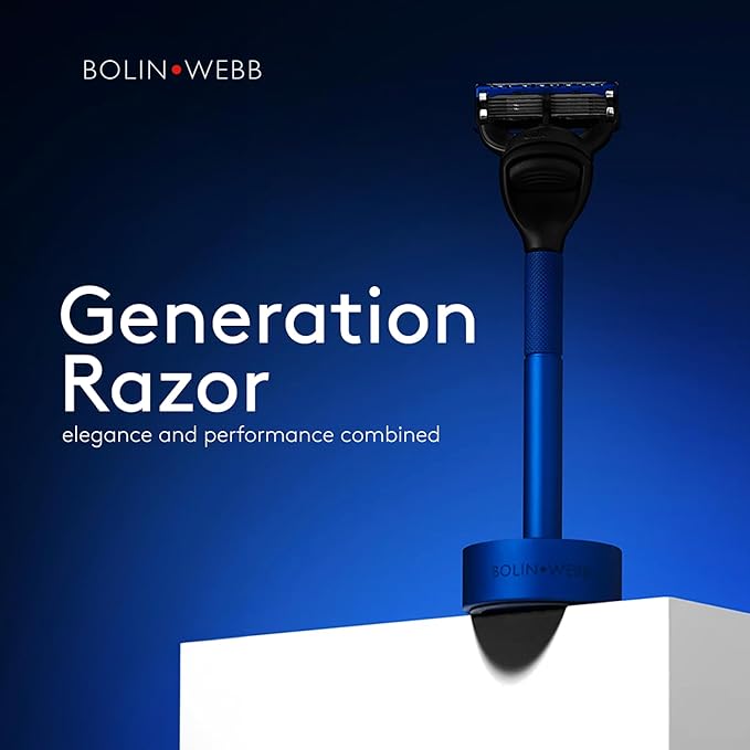 Bolin Webb Generation Razor &amp Stand - Luxury Razors for Men with Gillette Fusion 5 Blades Premium Aluminum Shaving Razor for Smooth Irritation-Free Shave Ideal Gift &amp Daily Grooming Set (Bl
