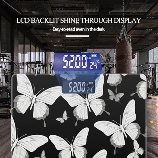 Digital Scale for Body Weight Highly Precision Bathroom Weight Scale 400 lbs with Backlit Display Personalized Scale for Home-White Butterflies On Black Background