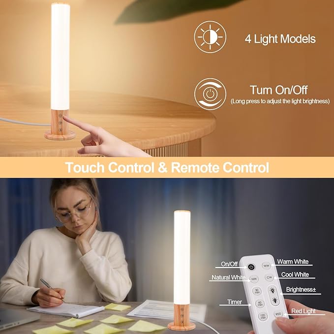 Light Therapy Lamp - 10000 Lux Full Spectrum Sun Lamp 3 Color Temperatures &amp 670nm Red Light Touch/Remote Control Stepless Dimming USB Charging GlowPillar Sunlight Lamp for Home Office