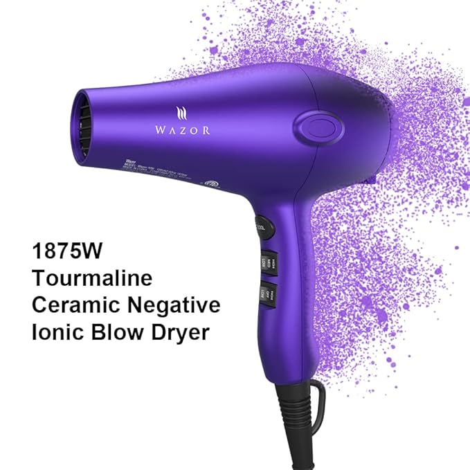 Purple Professional Light Weight Hair Dryer 1875W Tourmaline Ceramic Negative Ionic Blow Dryer with Diffuser &amp Concentrator &amp Comb