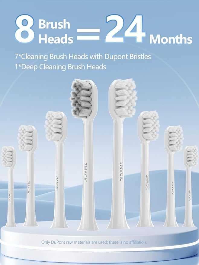 7MAGIC Sonic Electric Toothbrush for Adults and Kids - Up to 180 Days Runtime 42000 VPM Powered Toothbrush 5 Modes &amp 3 Intensities for Sensitive Teeth &amp Braces Includes 8 Brush Heads White