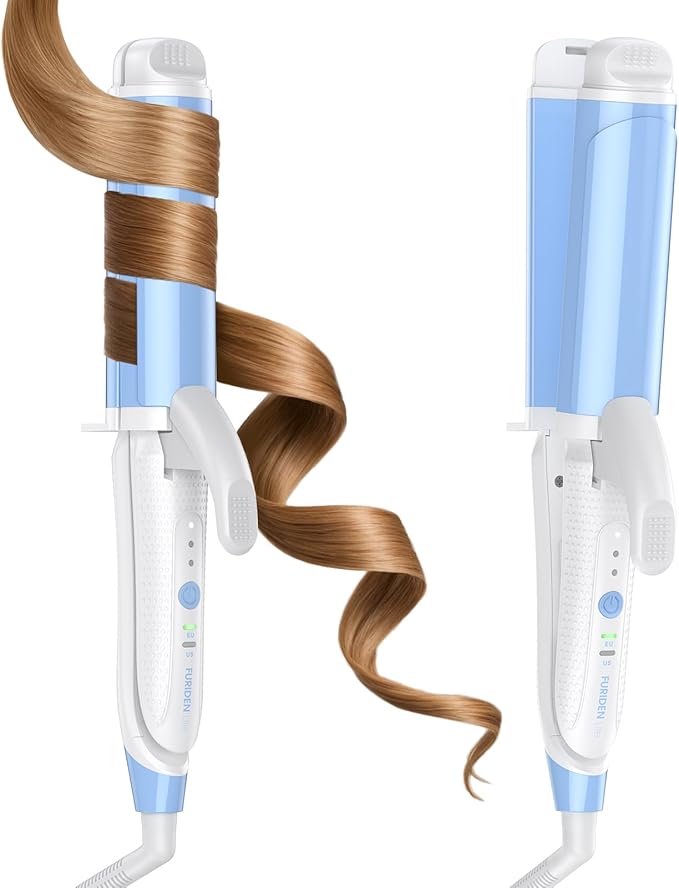 Dual-Voltage Curling Iron: Smart Voltage 1 1/2 inch Ceramic Barrel for Long Hair Traveler - European Travel Curling Iron with Clamp Blue