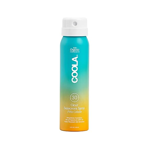 COOLA Organic Sunscreen Bundle - SPF 30 Piña Colada Travel Size &amp SPF 50 Fragrance Free Sunblock Spray Dermatologist Tested Vegan Skin Care 2 Fl Oz Each