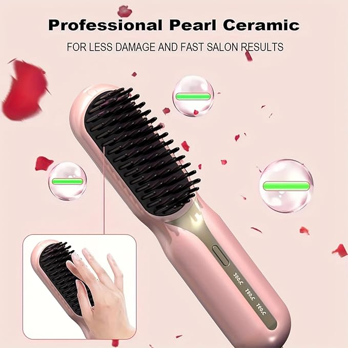 Cordless Hair Straightener and Curler 2-in-1 Plasma Technique Portable Ceramic Hair Straightening Brush 3 Temp Settings Fast Heating Mini Straightening Brush Travel/Business Gift for Women