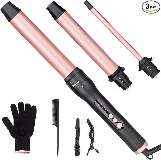 3 in 1 Curling Iron Set Hair Curling Wand Set with 3 Interchangeable Ceramic Curling Barrel(0.35”-1.25”) Instant Heat Up Dual Voltage Hair Curler Beach Waves Include Glove