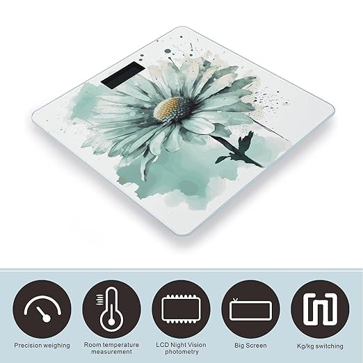 Mint Green Watercolor Daisy Scale for Body Weight Anti-Slip Digital Bathroom Scale Sturdy Toughened Glass Weighing Scales High Precision Safe Rounded Corners Smart Scales