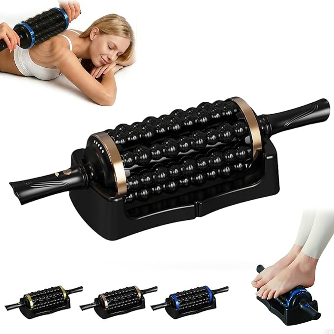 Electric Rolling Percussion Massager with Hands-Free Base Adjustable Intensity Rechargeable Muscle Roller Stick for Back Legs and Feet Adjustable Intensity Body Massage Tool (Rose Gold)