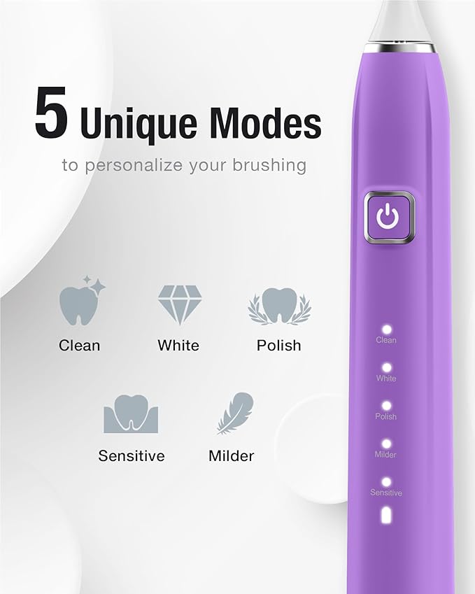 7AM2M Sonic Electric Toothbrush with 6 Brush Heads for Adults&ampKids One Charge for 120 Days Wireless Fast Charge 5 Modes 40000VPM Powered Toothbrush 2 Minutes Built in Smart Timer - Purple