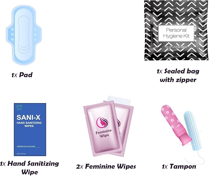 Menstrual Kit All-in-One 10 Pack | Convenience on The Go | Period Kit Pack for Travelling Tweens &amp Teenager | Individually Wrapped Feminine Hygiene Product (Black Treads)