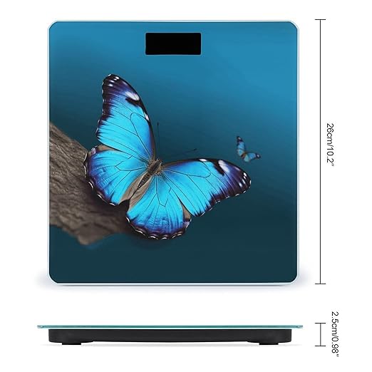 Beautiful Blue Butterfly Scale for Body Weight Safe Rounded Corners Tempered Glass Digital Bathroom Scale LED Display 400lb Capacity Weight Scales with High Precision Sensors