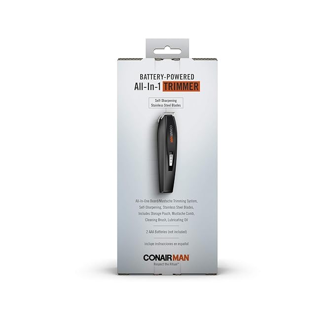 ConairMAN All-in-One Beard Trimmer for Men Includes Nose and Ear Hair Trimmer with 5-Position Comb Attachment 4 piece Men's Grooming Kit Battery Operated