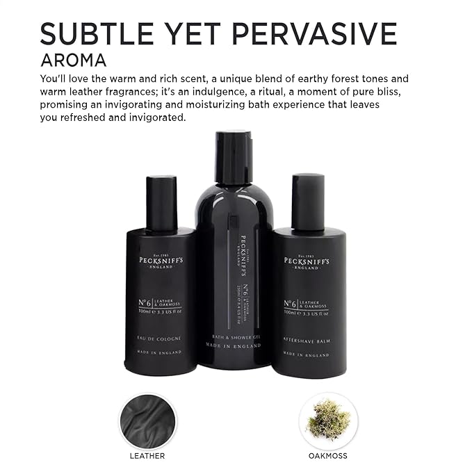 Pecksniff's Fragrance Gift Sets Luxurious Handcrafted in England (Men's Leather &amp Oakmoss: Eau de Cologne 3-in-1 Bath &amp Shower Gel After Shave Balm)