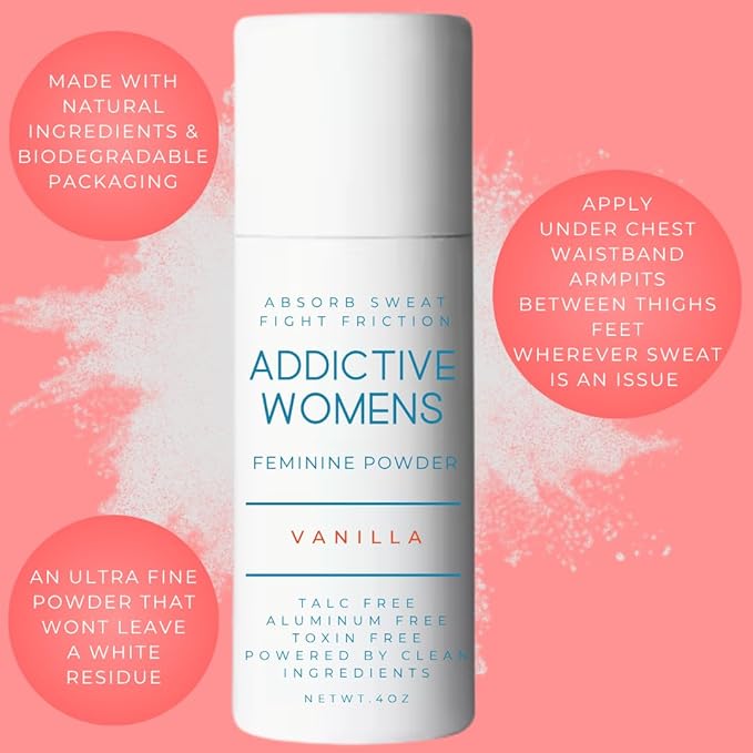 Addictive Womens Feminine Powder | Absorb Sweat | Fight Friction and Chaffing | Prevents Odor | Made from Natural Ingredients | Made in the USA (Vanilla)