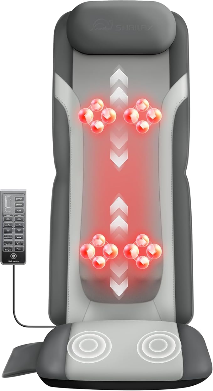 Snailax Gifts for Men Women Chair Back Massager for Full Back Pain Relief Deep Tissue Vibration Heated Seat Cushion Long Track Dual 3D Shiatsu Rollers 3 Height Settings Foldable Massage Chair Pad
