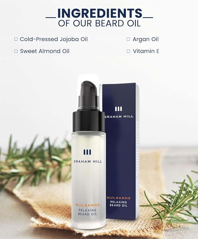Graham Hill Mulsanne Relaxing Beard Oil for Men - 30ml | Nourishing Beard Growth Oil with Cold-Pressed Jojoba Prickly Pear and Mint - Vegan Beard Oil for Glossy Smooth Beard and Mustache