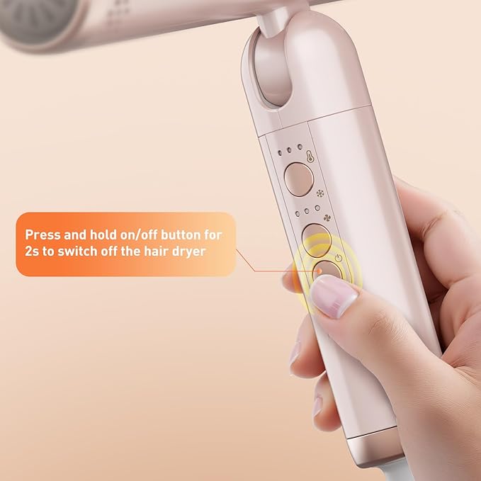 Quico Travel Hair Dryer Dual Voltage 120000 RPM Brushless Motor Fast Drying Hair Dryers for Women 500 Million Ionic Thermo-Control Foldable Blow Dryer with Cold 3 Heat &amp 3 Speed Settings Pink