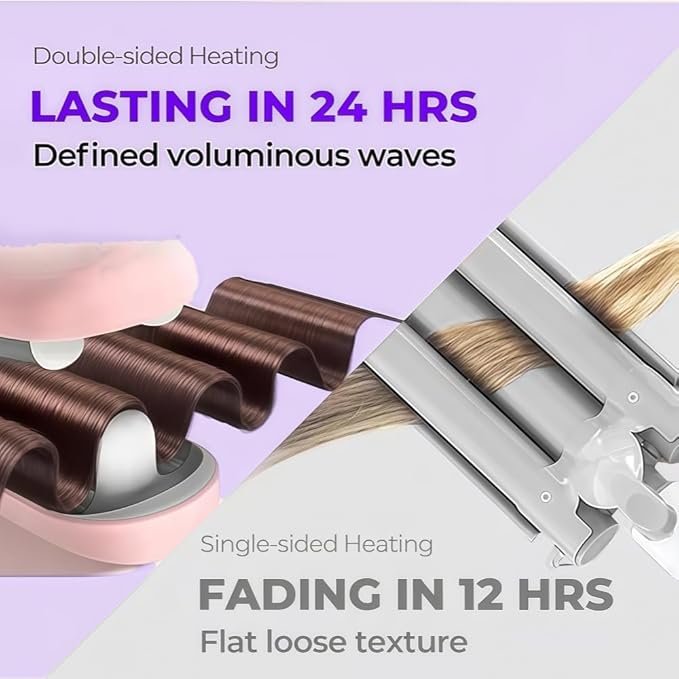 Explicitu Hair Styling Tool with Negative Ionic Technology French Curls Iron Anti-Scald Waver Hair Crimper 40M Damage-Block Ions Curling Iron 4 Gears Double-Sided Heating (Purple)