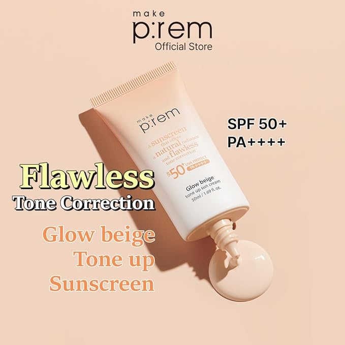 MAKE P:REM Glow Beige Tone Up Sunscreen Foundation-Free Mineral Sun Care Skin Tone Correction Lightweight Korean Sunscreen Korean Skin Care SPF 50 1.69 fl.oz. (50ml)