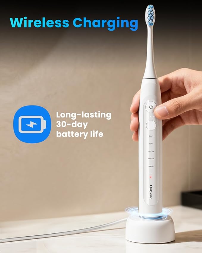 Onlyone Sonic Electric Toothbrush for Adults Rechargeable Ultrasonic Electric Toothbrush with 8 Brush Heads Travel Case Charging Base &amp Wireless Charging - 5 Modes with Smart Timer