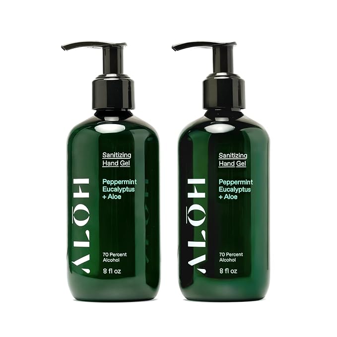 ALŌH Sanitizing Hand Gel 2-pack | Peppermint Eucalyptus + Aloe | 70% Alcohol Hydrating Hand Sanitizer Gel with Essential Oil for Kids &amp Adults | 8oz Bottle (Set of 2)